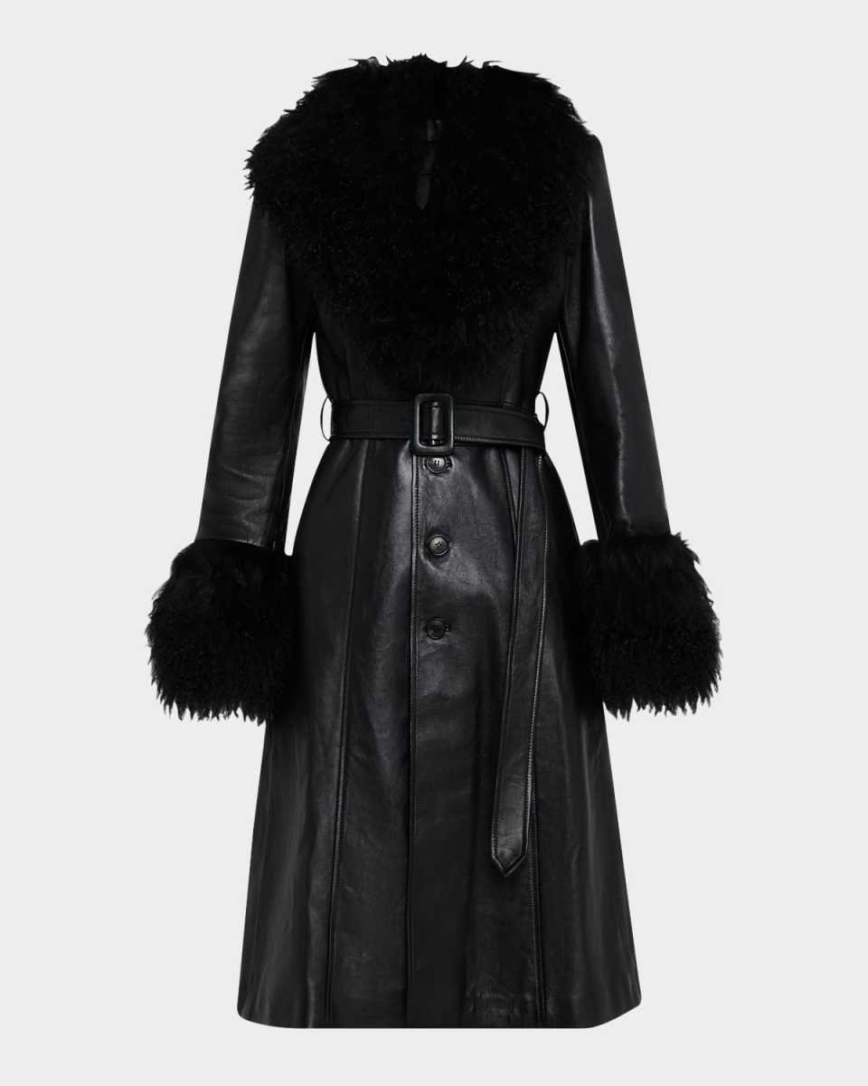 Solene Lamb Shearling Trim Belted Leather Coat